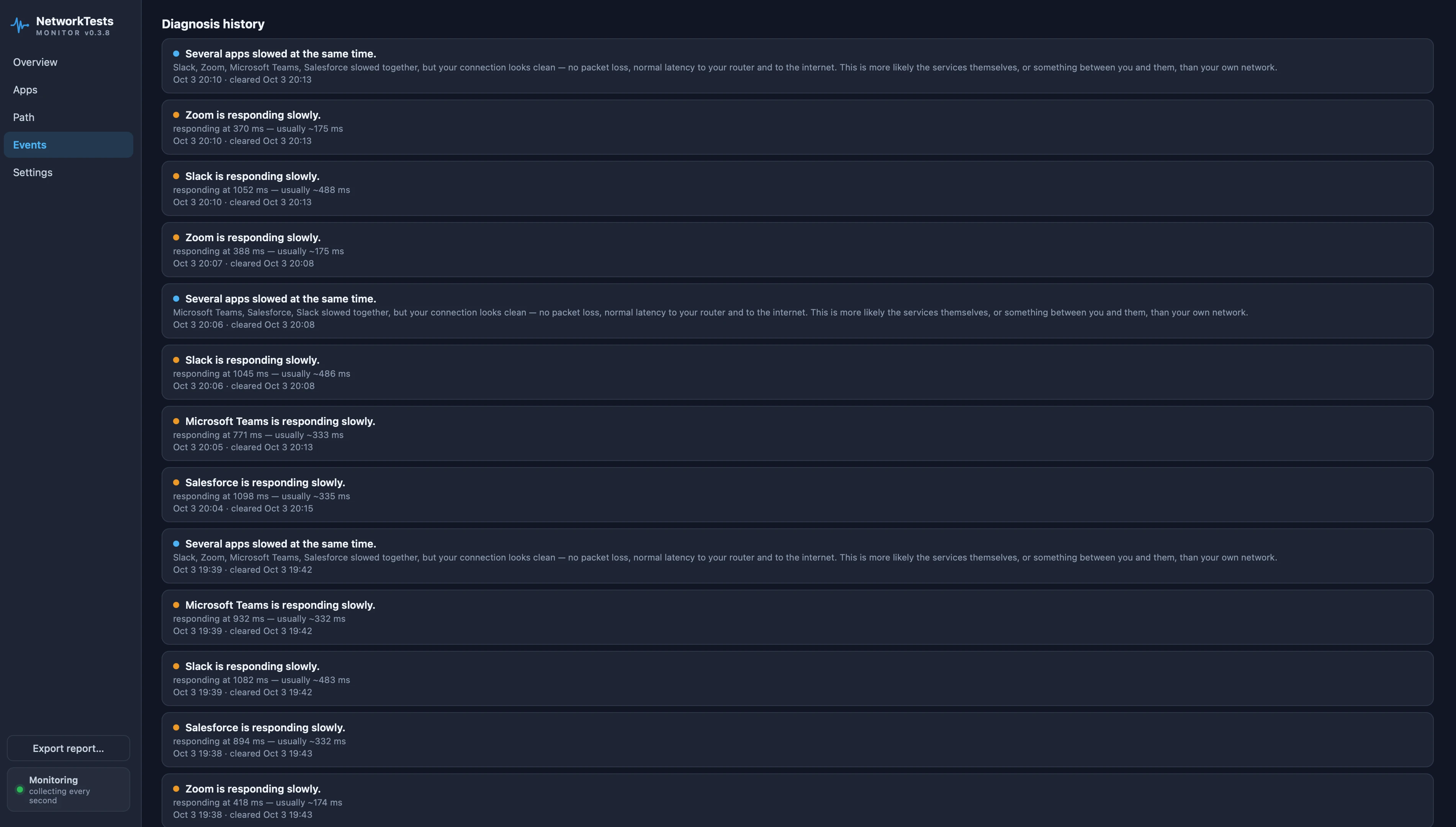 Diagnosis history showing 'Several apps slowed at the same time' events that name the affected apps and conclude the connection itself looks clean
