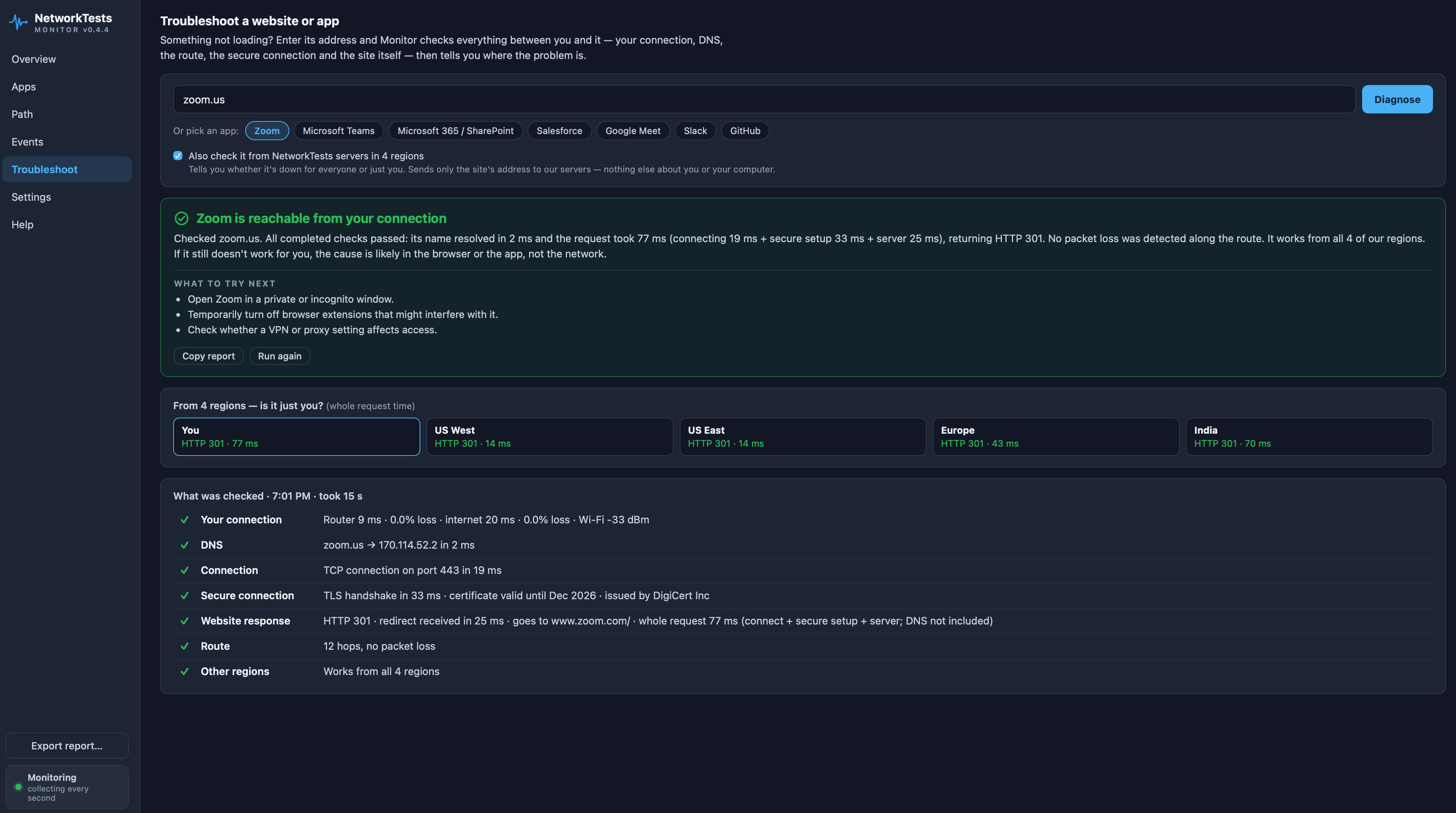 NetworkTests Monitor Troubleshoot checking Zoom: "Zoom is reachable from your connection" — the request timings, what to try next, the response from you and from US West, US East, Europe and India, and every check that was run